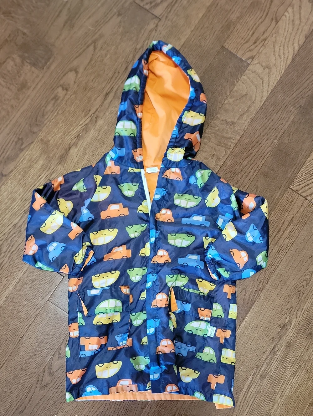 Kids Navy Car Print Hooded Raincoat with Orange Lining - Vintage